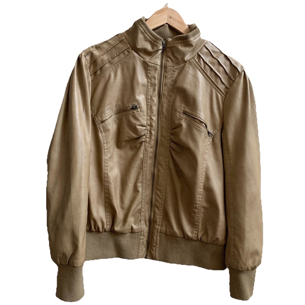 Women's Miss London Faux Leather Moto Zip Biker Bomber JACKET SZ-2X (light brown